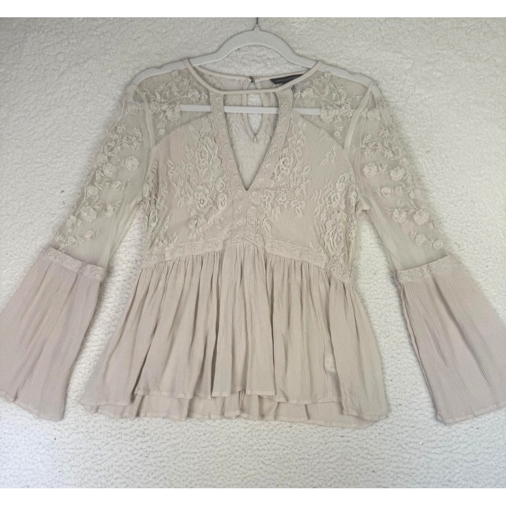 American Eagle‎ Blouse Womens Small Beige Lace Embroidered Bell Sleeve Sheer